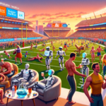 En livlig scene på et fodboldstadion ved solnedgang viser robotter og mennesker, der mingler, slapper af i sofaer og nyder drinks på sidelinjen, mens en fodboldkamp finder sted i baggrunden. - Kunstig intelligens AI