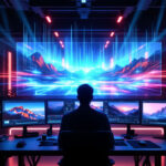 En person sidder ved et skrivebord med flere skærme, der viser bjergbilleder, foran en stor, futuristisk digital landskabsprojektion med neonblåt og pink lys i et mørkt, højteknologisk kontrolrum. - Kunstig intelligens AI
