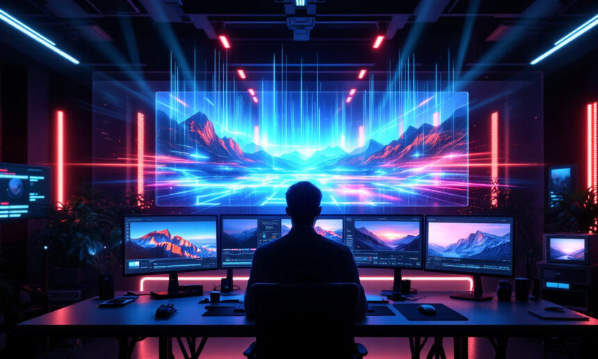 En person sidder ved et skrivebord med flere skærme, der viser bjergbilleder, foran en stor, futuristisk digital landskabsprojektion med neonblåt og pink lys i et mørkt, højteknologisk kontrolrum. - Kunstig intelligens AI