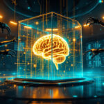 En lysende digital hjerne i en gennemsigtig kube er omgivet af robotarme i et futuristisk, højteknologisk rum med blåt og orange lys og dataskærme. - Kunstig intelligens AI