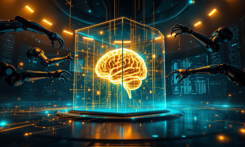 En lysende digital hjerne i en gennemsigtig kube er omgivet af robotarme i et futuristisk, højteknologisk rum med blåt og orange lys og dataskærme. - Kunstig intelligens AI