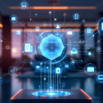 Et lysende blåt hologram viser sammenkoblede digitale ikoner, såsom e-mail, grafer og dokumenter, over en platform i et moderne kontormiljø, som symboliserer digital forbindelse og dataintegration. - Kunstig intelligens AI