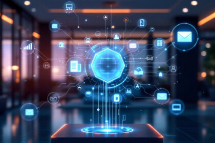 Et lysende blåt hologram viser sammenkoblede digitale ikoner, såsom e-mail, grafer og dokumenter, over en platform i et moderne kontormiljø, som symboliserer digital forbindelse og dataintegration. - Kunstig intelligens AI