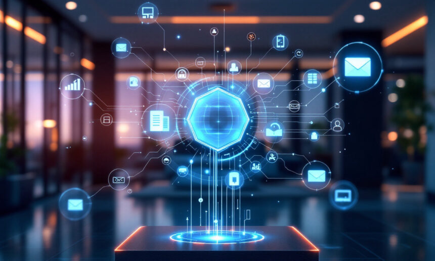 Et lysende blåt hologram viser sammenkoblede digitale ikoner, såsom e-mail, grafer og dokumenter, over en platform i et moderne kontormiljø, som symboliserer digital forbindelse og dataintegration. - Kunstig intelligens AI