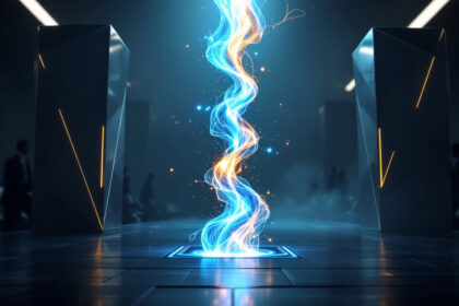 En lysende blå og orange energispiral stiger op fra en oplyst firkant på et futuristisk gulv, omgivet af høje, mørke søjler i et dunkelt, højteknologisk rum med skyggefulde skikkelser i baggrunden. - Kunstig intelligens AI