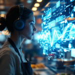 En kvinde med hovedtelefoner står i et moderne arbejdsområde og ser på en stor digital skærm, der viser lysende grafer, diagrammer og dataikoner, som repræsenterer teknologi og dataanalyse. - Kunstig intelligens AI