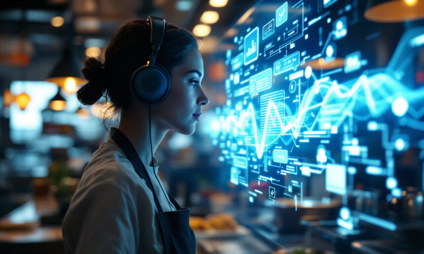 En kvinde med hovedtelefoner står i et moderne arbejdsområde og ser på en stor digital skærm, der viser lysende grafer, diagrammer og dataikoner, som repræsenterer teknologi og dataanalyse. - Kunstig intelligens AI