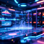 Et futuristisk digitalt interface viser holografiske grafer, datatabeller og et dansende par i et glødende, neonoplyst rum med computerservere i baggrunden. - Kunstig intelligens AI