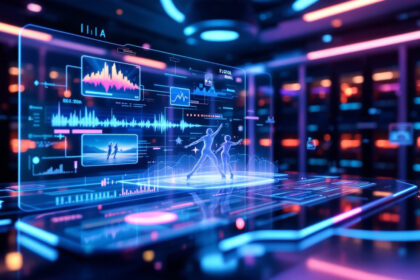 Et futuristisk digitalt interface viser holografiske grafer, datatabeller og et dansende par i et glødende, neonoplyst rum med computerservere i baggrunden. - Kunstig intelligens AI