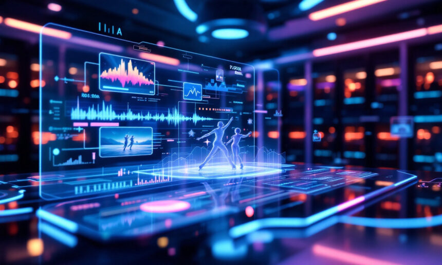 Et futuristisk digitalt interface viser holografiske grafer, datatabeller og et dansende par i et glødende, neonoplyst rum med computerservere i baggrunden. - Kunstig intelligens AI