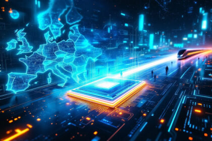 En futuristisk digital scene, der viser en lysende mikrochip, et højhastighedstog og et neonkort over Europa med mennesker i nærheden, som symboliserer avanceret teknologi og opkobling. - Kunstig intelligens AI