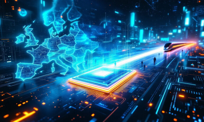 En futuristisk digital scene, der viser en lysende mikrochip, et højhastighedstog og et neonkort over Europa med mennesker i nærheden, som symboliserer avanceret teknologi og opkobling. - Kunstig intelligens AI