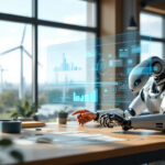 En humanoid robot sidder ved et skrivebord på et moderne kontor og interagerer med et stort holografisk datadisplay, der viser diagrammer og grafer. Vindmøller er synlige uden for vinduet i baggrunden. - Kunstig intelligens AI