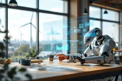 En humanoid robot sidder ved et skrivebord på et moderne kontor og interagerer med et stort holografisk datadisplay, der viser diagrammer og grafer. Vindmøller er synlige uden for vinduet i baggrunden. - Kunstig intelligens AI