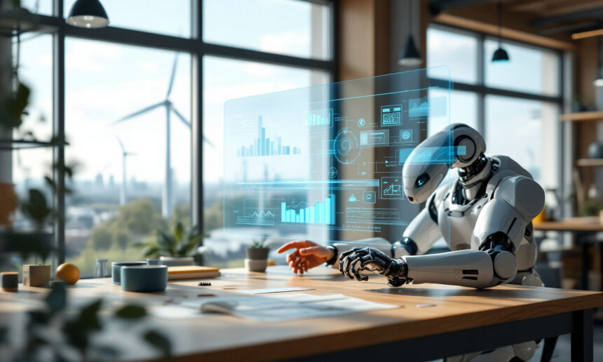 En humanoid robot sidder ved et skrivebord på et moderne kontor og interagerer med et stort holografisk datadisplay, der viser diagrammer og grafer. Vindmøller er synlige uden for vinduet i baggrunden. - Kunstig intelligens AI