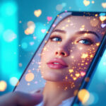 En smartphone viser et kvindeansigt med blå øjne og blød makeup, omgivet af glødende hjerte- og stjernelyseffekter, der skaber en drømmende, magisk atmosfære. Baggrunden er sløret blåt og blågrønt lys. - Kunstig intelligens AI