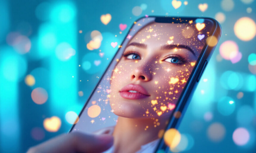 En smartphone viser et kvindeansigt med blå øjne og blød makeup, omgivet af glødende hjerte- og stjernelyseffekter, der skaber en drømmende, magisk atmosfære. Baggrunden er sløret blåt og blågrønt lys. - Kunstig intelligens AI