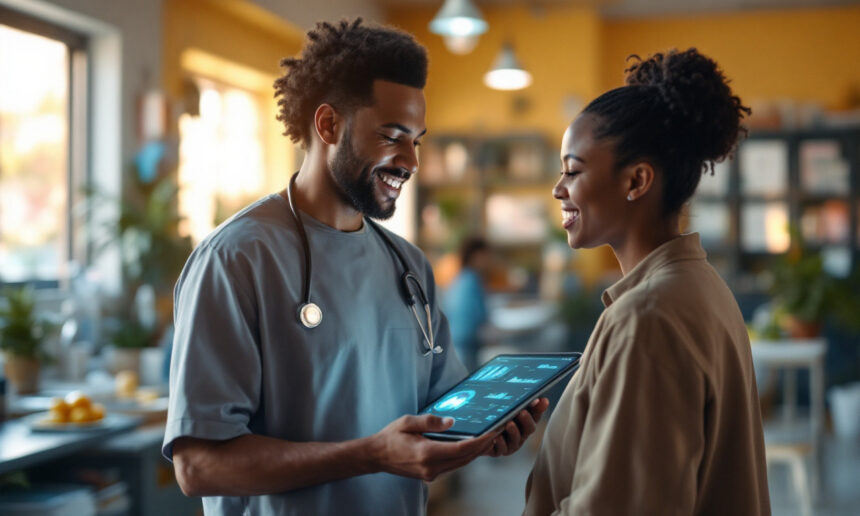 En smilende læge viser en patient medicinske data på en digital tablet i en lys, moderne klinik. Begge ser engagerede og glade ud, hvilket tyder på en positiv interaktion mellem læge og patient. - Kunstig intelligens AI