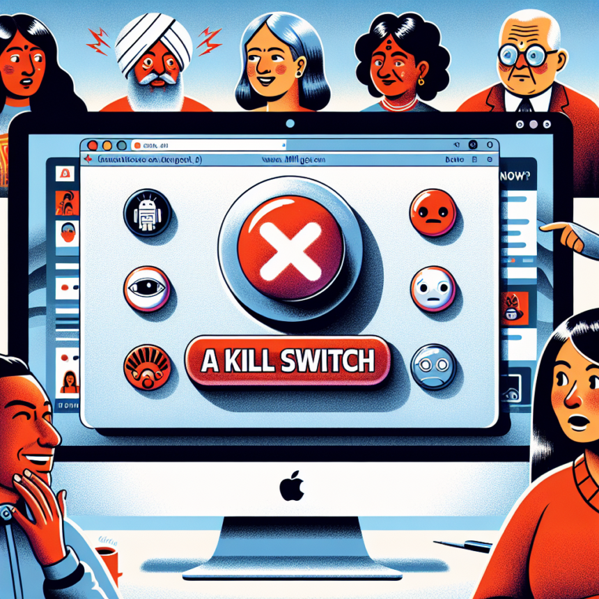 En illustreret gruppe af forskellige mennesker reagerer med overraskelse og bekymring omkring en computer, der viser en stor kill switch-knap og forskellige udtryksfulde ikoner på skærmen. - Kunstig intelligens AI