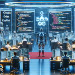 Et futuristisk kontrolrum med humanoide robotter og mennesker ved computerstationer, store digitale skærme viser kode og AI-termer som Claude, Gdex og Copillot, hvilket skaber et højteknologisk samarbejdsmiljø. - Kunstig intelligens AI