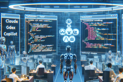 Et futuristisk kontrolrum med humanoide robotter og mennesker ved computerstationer, store digitale skærme viser kode og AI-termer som Claude, Gdex og Copillot, hvilket skaber et højteknologisk samarbejdsmiljø. - Kunstig intelligens AI