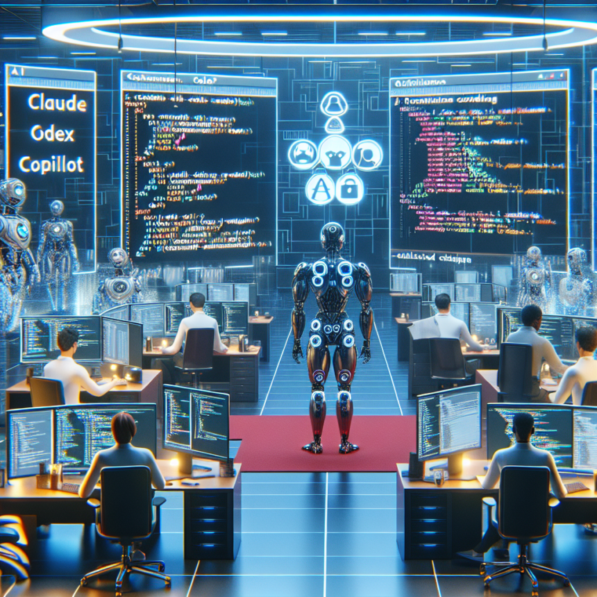 Et futuristisk kontrolrum med humanoide robotter og mennesker ved computerstationer, store digitale skærme viser kode og AI-termer som Claude, Gdex og Copillot, hvilket skaber et højteknologisk samarbejdsmiljø. - Kunstig intelligens AI