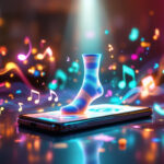 En stribet sok står på en glødende smartphone, omgivet af farverige musiknoter, konfetti og levende lys, som skaber en livlig og magisk atmosfære. - Kunstig intelligens AI