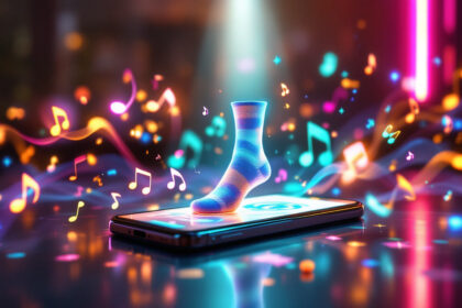 En stribet sok står på en glødende smartphone, omgivet af farverige musiknoter, konfetti og levende lys, som skaber en livlig og magisk atmosfære. - Kunstig intelligens AI