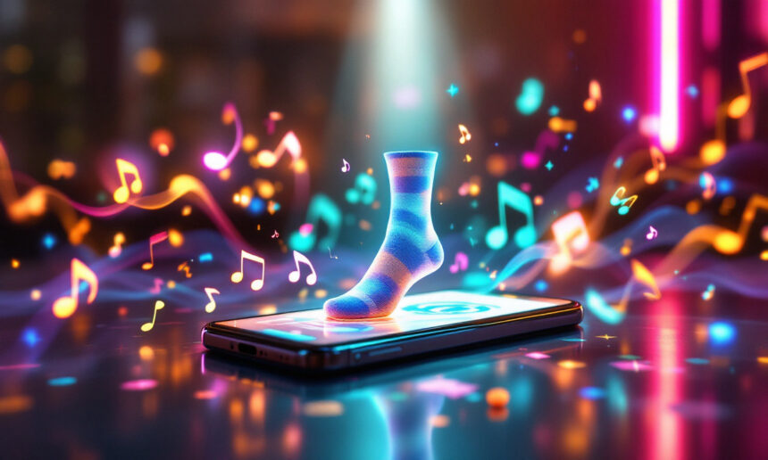En stribet sok står på en glødende smartphone, omgivet af farverige musiknoter, konfetti og levende lys, som skaber en livlig og magisk atmosfære. - Kunstig intelligens AI