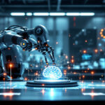 En robotarm i et futuristisk laboratorium interagerer med et lysende digitalt hjernehologram på et bord, omgivet af svævende data og kredsløb, der symboliserer kunstig intelligens og avanceret teknologi. - Kunstig intelligens AI