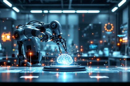 En robotarm i et futuristisk laboratorium interagerer med et lysende digitalt hjernehologram på et bord, omgivet af svævende data og kredsløb, der symboliserer kunstig intelligens og avanceret teknologi. - Kunstig intelligens AI