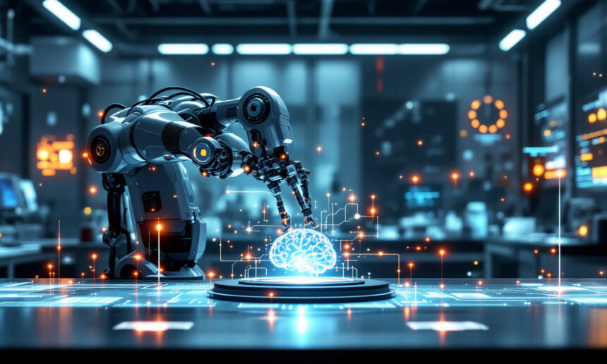 En robotarm i et futuristisk laboratorium interagerer med et lysende digitalt hjernehologram på et bord, omgivet af svævende data og kredsløb, der symboliserer kunstig intelligens og avanceret teknologi. - Kunstig intelligens AI