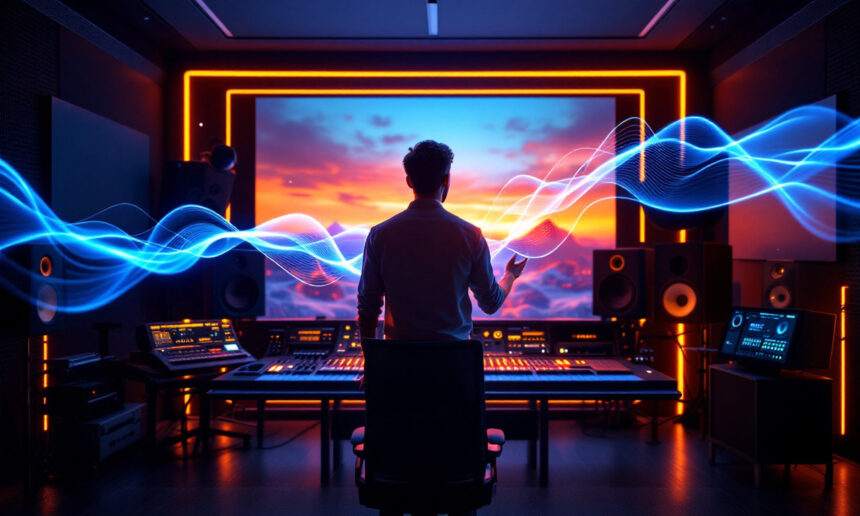 En person står i et moderne musikstudie med glødende neonlys og kigger på en storskærm, der viser en solnedgang. Blå lydbølger svæver gennem luften, omgivet af lydudstyr og højttalere. - Kunstig intelligens AI