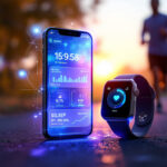 Et smart ur og en smartphone viser fitnessdata med lysende grafik på en vej ved solnedgang, mens en person jogger i den slørede baggrund. - Kunstig intelligens AI