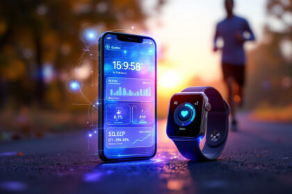 Et smart ur og en smartphone viser fitnessdata med lysende grafik på en vej ved solnedgang, mens en person jogger i den slørede baggrund. - Kunstig intelligens AI