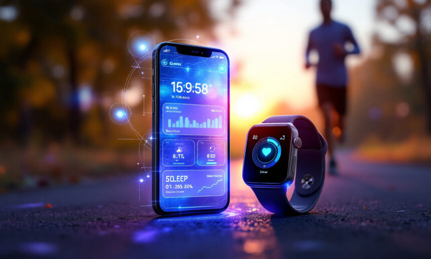Et smart ur og en smartphone viser fitnessdata med lysende grafik på en vej ved solnedgang, mens en person jogger i den slørede baggrund. - Kunstig intelligens AI
