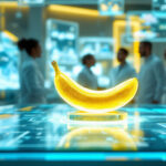 Et lysende gult bananhologram vises på et højteknologisk bord med digitale skærme og forskere i laboratoriekitler i den slørede baggrund af et futuristisk laboratorium. - Kunstig intelligens AI