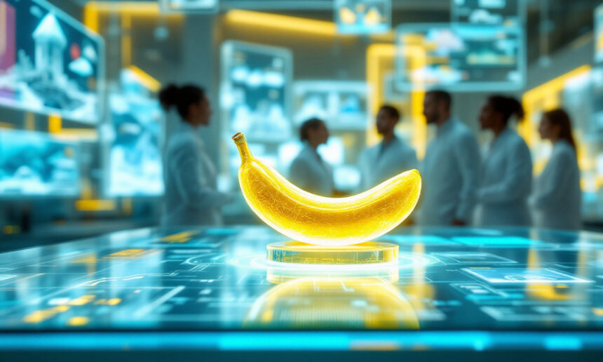 Et lysende gult bananhologram vises på et højteknologisk bord med digitale skærme og forskere i laboratoriekitler i den slørede baggrund af et futuristisk laboratorium. - Kunstig intelligens AI