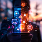 En person holder en smartphone udendørs i skumringen; skærmen viser farverige digitale ikoner for shopping, mad og transport. Billedet er delt op og viser forskellige futuristiske interface-stilarter på hver halvdel af telefonen. - Kunstig intelligens AI