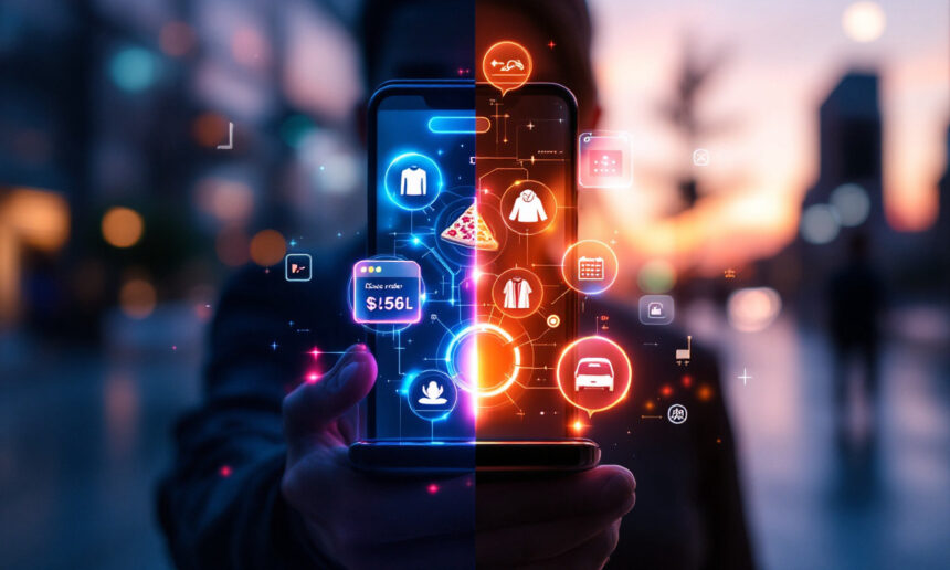 En person holder en smartphone udendørs i skumringen; skærmen viser farverige digitale ikoner for shopping, mad og transport. Billedet er delt op og viser forskellige futuristiske interface-stilarter på hver halvdel af telefonen. - Kunstig intelligens AI