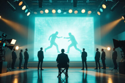 En person sidder over for en stor digital skærm, der viser to menneskesilhuetter i action-positurer, omgivet af folk i jakkesæt og scenelys i dramatiske, højteknologiske omgivelser. - Kunstig intelligens AI