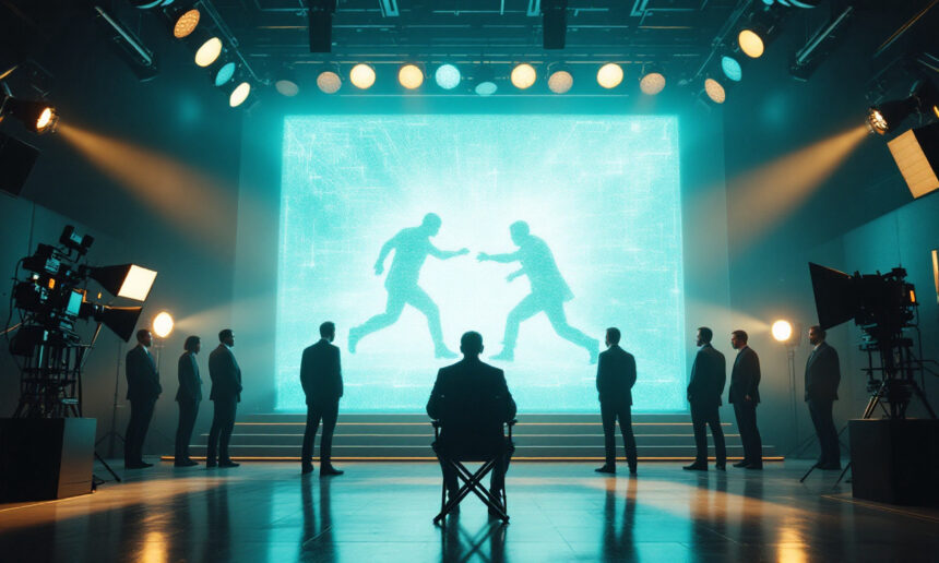 En person sidder over for en stor digital skærm, der viser to menneskesilhuetter i action-positurer, omgivet af folk i jakkesæt og scenelys i dramatiske, højteknologiske omgivelser. - Kunstig intelligens AI