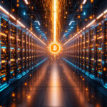 Et lysende Bitcoin-symbol svæver i midten af et futuristisk serverrum, omgivet af oplyste servere og strømmende orange digitale lys, som repræsenterer kryptovaluta-minedrift eller blockchain-teknologi. - Kunstig intelligens AI