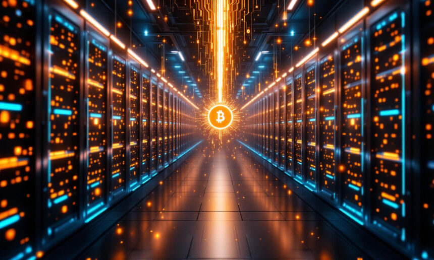 Et lysende Bitcoin-symbol svæver i midten af et futuristisk serverrum, omgivet af oplyste servere og strømmende orange digitale lys, som repræsenterer kryptovaluta-minedrift eller blockchain-teknologi. - Kunstig intelligens AI
