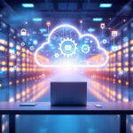 En bærbar computer står på et skrivebord i et serverrum med et lysende sky-ikon over sig, der viser teknologi, netværk og AI-relaterede symboler, som repræsenterer cloud computing og datalagring. - Kunstig intelligens AI