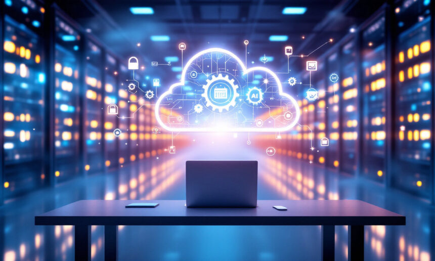En bærbar computer står på et skrivebord i et serverrum med et lysende sky-ikon over sig, der viser teknologi, netværk og AI-relaterede symboler, som repræsenterer cloud computing og datalagring. - Kunstig intelligens AI