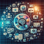 En cirkulær collage af digitale ikoner relateret til AI, teknologi, indhold og ophavsret omgiver et centralt hjernediagram på en blå gitterbaggrund, der symboliserer sammenkoblede digitale koncepter og informationsstyring. - Kunstig intelligens AI