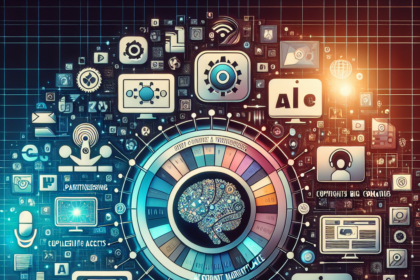 En cirkulær collage af digitale ikoner relateret til AI, teknologi, indhold og ophavsret omgiver et centralt hjernediagram på en blå gitterbaggrund, der symboliserer sammenkoblede digitale koncepter og informationsstyring. - Kunstig intelligens AI