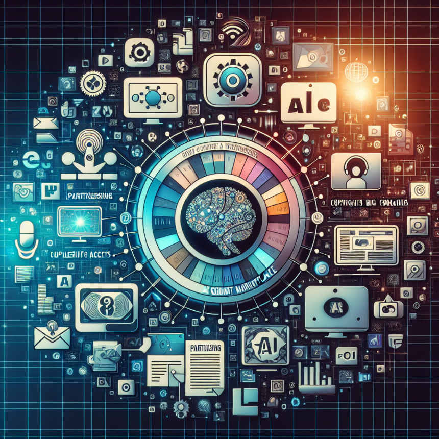 En cirkulær collage af digitale ikoner relateret til AI, teknologi, indhold og ophavsret omgiver et centralt hjernediagram på en blå gitterbaggrund, der symboliserer sammenkoblede digitale koncepter og informationsstyring. - Kunstig intelligens AI