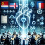 En gruppe mennesker sidder omkring et bord med computere og analyserer et lysende digitalt hjertehologram, medicinske diagrammer, formler og internationale flag, der vises på skærme i et futuristisk miljø. - Kunstig intelligens AI